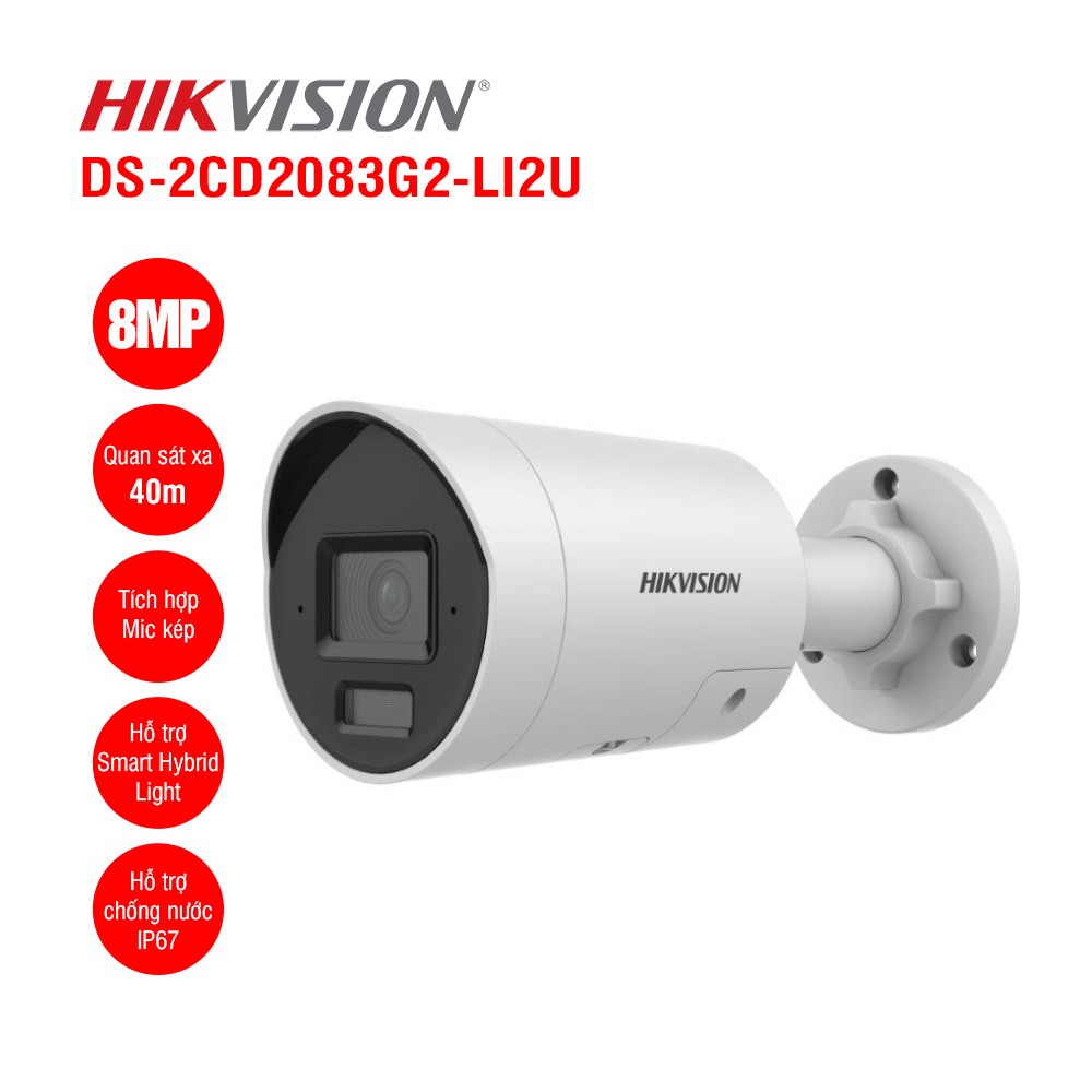 Camera IP Hikvision 8 MP DS-2CD2083G2-LI2U thân trụ 4mm Tích hợp míc chống ngược sáng